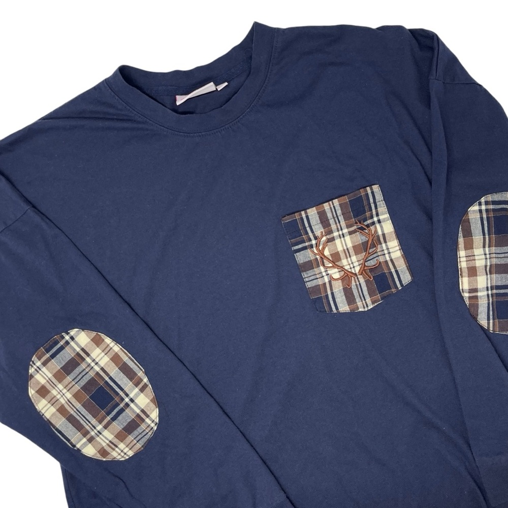 Marleylilly Navy Long Sleeve Tee Plaid Pocket Elbow Patches‎ Women’s Size S/M